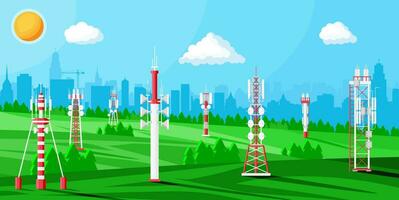 Transmission Cellular Tower Antenna Landscape. Network Broadcast Equipment Isolated. Broadcasting, Internet, Television Cell Station. 4G 5G. Satellite Communication Antenna. Flat Vector Illustration