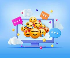 3D Set of Emoticons in Computer. Social Media Yellow Faces with Various Emotions and Expression. Tear Smile Sad Love Happy Unhappy Like Lol Angry Wink Laughter Emoji Character. Vector Illustration