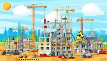 Construction Site Banner. Truck car, Workers, Concrete Piles, Tower Crane. Under Construction Design Background. Building Materials and Equipment. Cityscape, Skyline. Cartoon Flat Vector Illustration