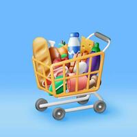 3D Shopping Plastic Basket with Fresh Products. Render Grocery Store, Supermarket. Food and Drinks. Milk, Vegetables, Meat Chicken, Cheese, Sausage, Salad, Bread Chocolate Egg. Vector illustration