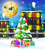 Christmas Card with Urban Landscape and Snowfall. Cityscape with Colorful Houses with Snow in Night. Winter Cozy Town City Panorama. New Year Christmas Xmas Banner. Flat Vector Illustration