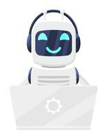 Robot Using Laptop Isolated on White. Chatbot Icon Sitting Behind Notebook Computer. AI Bot Helper. Concept of Chat Bot Virtual Online Assistant. Support and Internet Service. Flat Vector Illustration