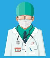 Doctor in white coat with stethoscope and mask. Medical suit with different pills and medical devices in pockets. Healthcare, hospital and medical diagnostics. Vector illustration in flat style