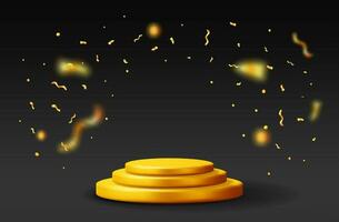 3D Gold Podium with Confetti on Black Background. Render Stage Mockup. Round Winners Platform. Valentine Day, Birthday Card, Product Display Presentation Advertisement. Realistic Vector Illustration