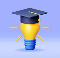 3D Light Idea Bulb with Graduation Cap Isolated. Render Cartoon Yellow Idea Bulb in Graduation Hat. Creative Idea Inspiration. Brainstorming, Learning. Business Solution Startup. Vector Illustration