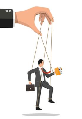 Businessman marionette is hanging on ropes. Hand of puppeteer holding business man on leash. Puppet doll worker, abuse of power, manipulation. Vector illustration in flat style