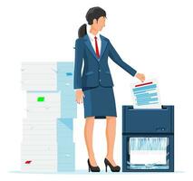 Woman Office Worker Shredding Documents. Shredder Machine And Businesswoman With Confidential Paper. Office Device For Destruction Of Documents. Data Protection. Flat Vector Illustration