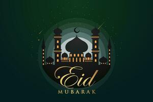 eid al-fitr mubarak greeting card with mosque and arabic text vector