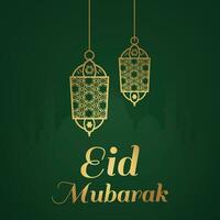 ramadan kareem greeting card with gold crescent and lanterns vector