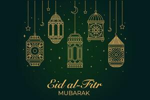 eid al-fitr mubarak greeting card with mosque and arabic text vector