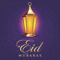 eid mubarak greeting card with lantern on purple background vector