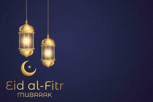 eid al-fitr mubarak greeting card with lanterns and crescent vector