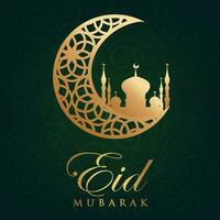 eid Mubarak saludo tarjeta con mezquita y creciente vector