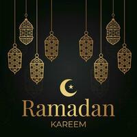 ramadan kareem greeting card with gold lanterns and crescent vector