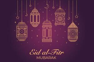 eid al-fitr mubarak greeting card with mosque and arabic text vector