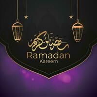 ramadan kareem greeting card with lanterns and arabic calligraphy vector