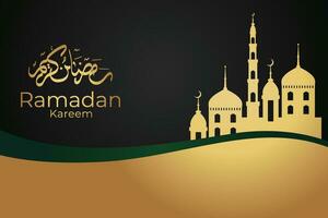 ramadan kareem greeting card with gold crescent and lanterns vector