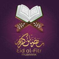 eid al-fitr mubarak greeting card with open book and calligraphy of vector