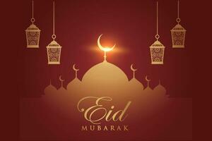 Ramadan eid mubarak greeting card with mosque silhouette free vector illustration