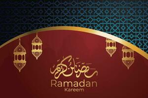 ramadan kareem greeting card with gold crescent and lanterns vector