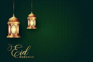 Ramadan eid al-fitr mubarak greeting card with lanterns and arabic call vector