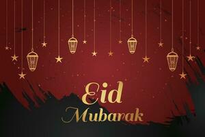 Ramadan eid al-fitr mubarak greeting card with lanterns and arabic call vector