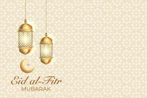 eid al-fitr mubarak greeting card with lanterns and crescent vector