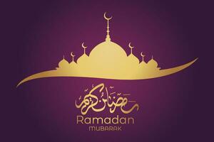 Ramadan eid mubarak greeting card with mosque silhouette free vector illustration