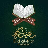 eid al-fitr Mubarak saludo tarjeta con abierto libro y caligrafía de vector