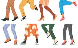 personas caminando en moderno zapatos. conjunto de varios hembra y masculino Zapatos con pies. botas, zapatillas, tacones niña y chico calzado. diferente mujer y hombre zapatos. dibujos animados plano vector ilustración