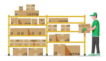 Warehouse shelves with goods, mover and container package boxes. Pile cardboard boxes set. Carton delivery packaging open and closed box with fragile signs. Vector illustration in flat style