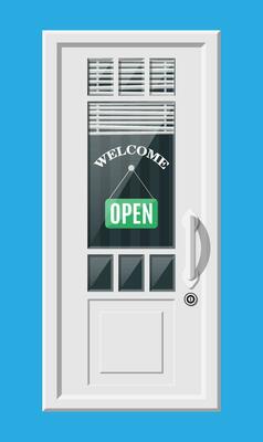 Wooden cottage door with windows and window blind. Closed door with chrome handle and open sign, welcome word. Concpet of invitation to enter or new opportunity. Flat vector illustration