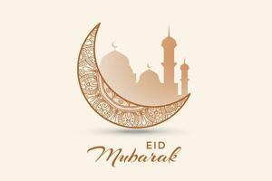 eid al-fitr mubarak greeting card with mosque and arabic text vector