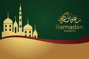 ramadan kareem greeting card with gold crescent and lanterns vector