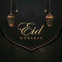 eid mubarak greeting card with lanterns and mosque background vector