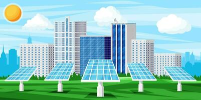 Eco City Concept. Cityscape with Buildings, Solar Panels, Wind Electrical Generators Turbine. Green Energy Source. Modern Urban Skyline. Alternative Renewable Energy. Flat Vector Illustration