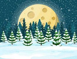 Winter christmas background. Pine tree wood and snow. Winter landscape with fir trees forest and snowing. Happy new year celebration. New year xmas holiday. Vector illustration flat style