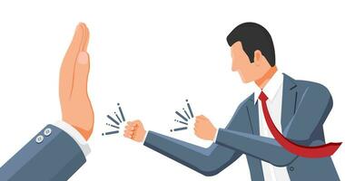 Big Hand Show Stop Gesture to Businessman. Angry Manager or Business Man is About to Fight. Stop the Conflict Concept. Stops Confrontation, Resolves Conflict. Flat Vector Illustration