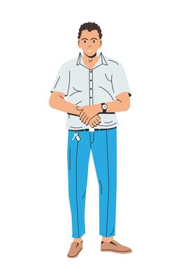 Happy Man in Casual Clothes Isolated. Young Office Worker with Curly Hair. Confident Clerk Standing in Formal Clothes. Male Character in Shirt and Pants. Cartoon Flat Vector Illustration