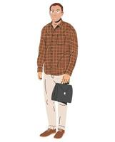 contento hombre en casual ropa con maletín aislado. joven oficina trabajador en los anteojos. confidente empleado en pie en formal ropa. masculino personaje en camisa y pantalones. dibujos animados plano vector ilustración