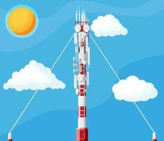 Transmission Cellular Tower Antenna. Network Broadcast Equipment And Sky With Clouds. Broadcasting, Internet, Television Cell Station. 4G 5G. Satellite Communication Antenna. Flat Vector Illustration