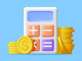 3D Modern Calculator with Golden Coins Isolated. Mathematics Icon. Financial Math Device with Money. Counting Budget and Savings Concept. Cash and Taxes, Financial Management. Vector Illustration