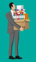 Stressed businessman holds pile of office folders and documents. Overworked business man with stacks of papers. Stress at work. Bureaucracy, paperwork, big data. Vector illustration in flat style