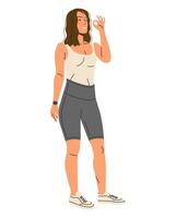 atlético hembra personaje muestra aprobación Okay signo. joven hermosa fuerte mujer espectáculo Okay firmar o gesto. aptitud o deporte niña aislado. mujer en ropa de deporte. dibujos animados plano vector ilustración