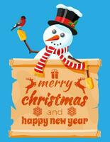 Funny snowman character greeting. Snowman head and scroll with text. Happy new year decoration. Merry christmas holiday. New year and xmas celebration. Vector illustration in flat style