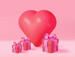 3D Red Gift Boxes with Big Heart Background. Render Giftbox Icon. Valentine Day, Birthday Card, Product Display Presentation Advertisement. Realistic Vector Illustration