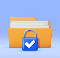 3D Document Folder with Padlock Isolated. Render Folder and Pad Lock. Concept of Business Security, Data Protection and Confidentiality. Safety, Encryption and Privacy. Vector Illustration
