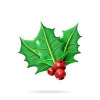 3D Christmas Twig of Holly with Leaves and Berries Isolated. Render Mistletoe Plant. Happy New Year Decoration. Merry Christmas Holiday. New Year and Xmas Celebration. Realistic Vector Illustration