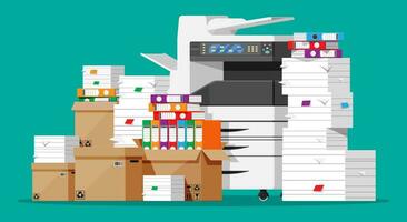 Office multifunction machine. Pile of paper documents, boxes and folders. Bureaucracy, paperwork, office. Printer copy scanner device. Proffesional printing station. Vector illustration in flat style