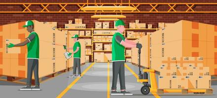 Warehouse Shelves with Goods, Mover and Container Package Boxes. Pile Cardboard Boxes Set. Carton Delivery Packaging, Box with Fragile Signs. People Work in Warehouse. Flat Vector Illustration